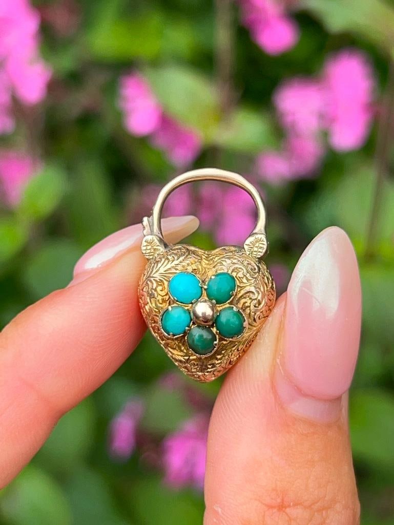 Antique gold turquoise flower locket back padlock pendant - 2