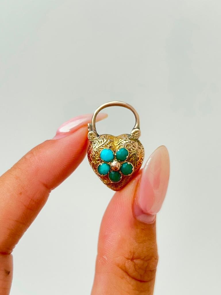 Antique gold turquoise flower locket back padlock pendant - 3