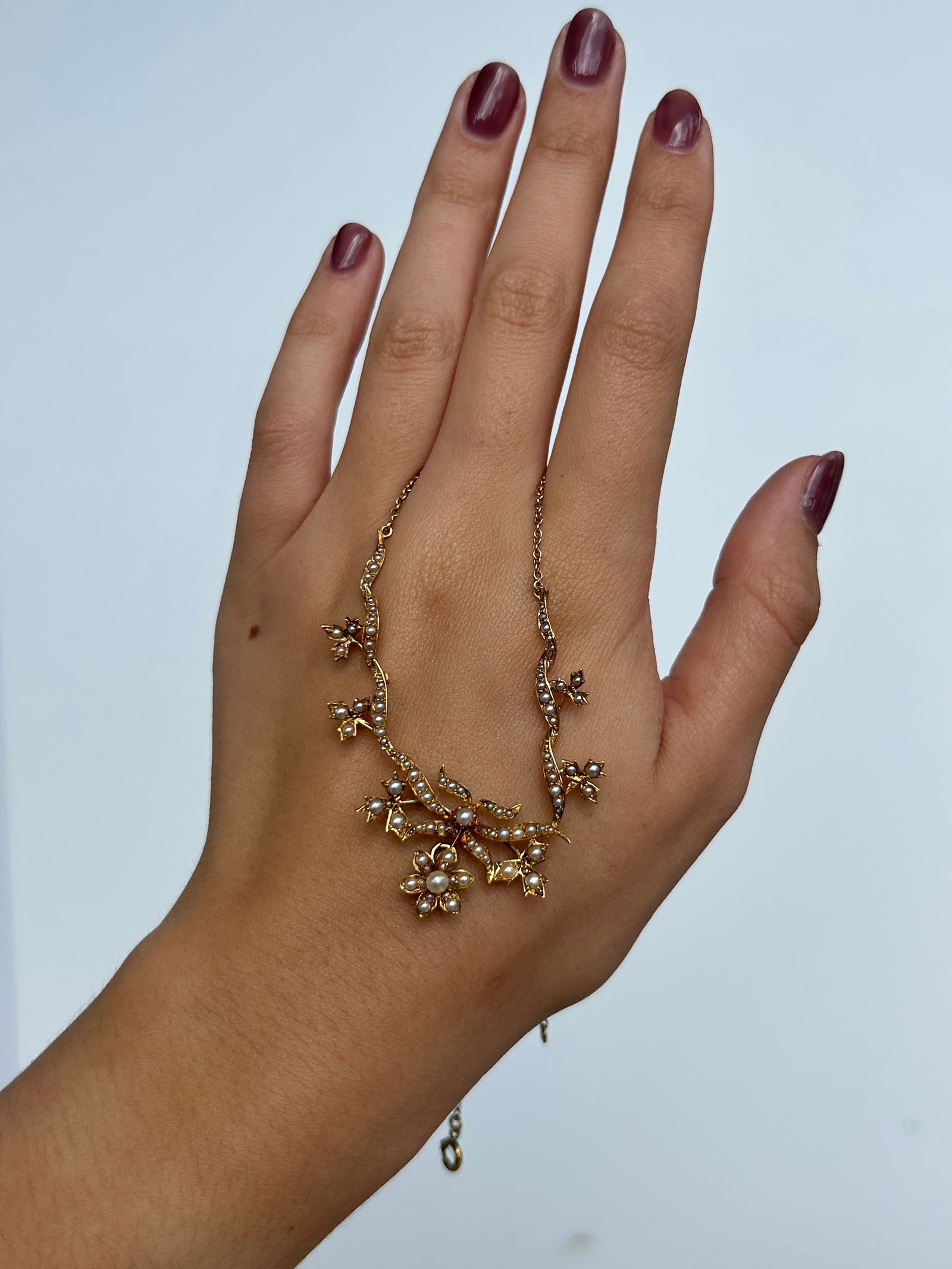 Antique Boxed 15ct Yellow Gold Pearl Flower Necklace - 4