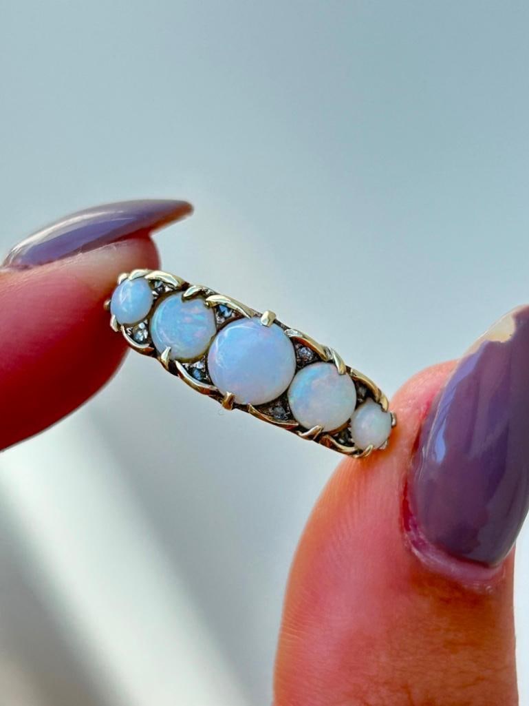 Chunky 18ct Yellow Gold Opal Five Stone with Diamond Points - 2