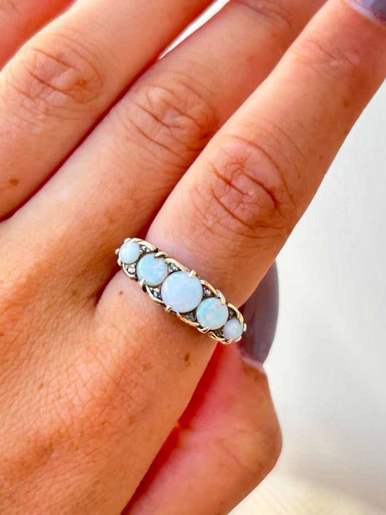 Chunky 18ct Yellow Gold Opal Five Stone with Diamond Points - 3