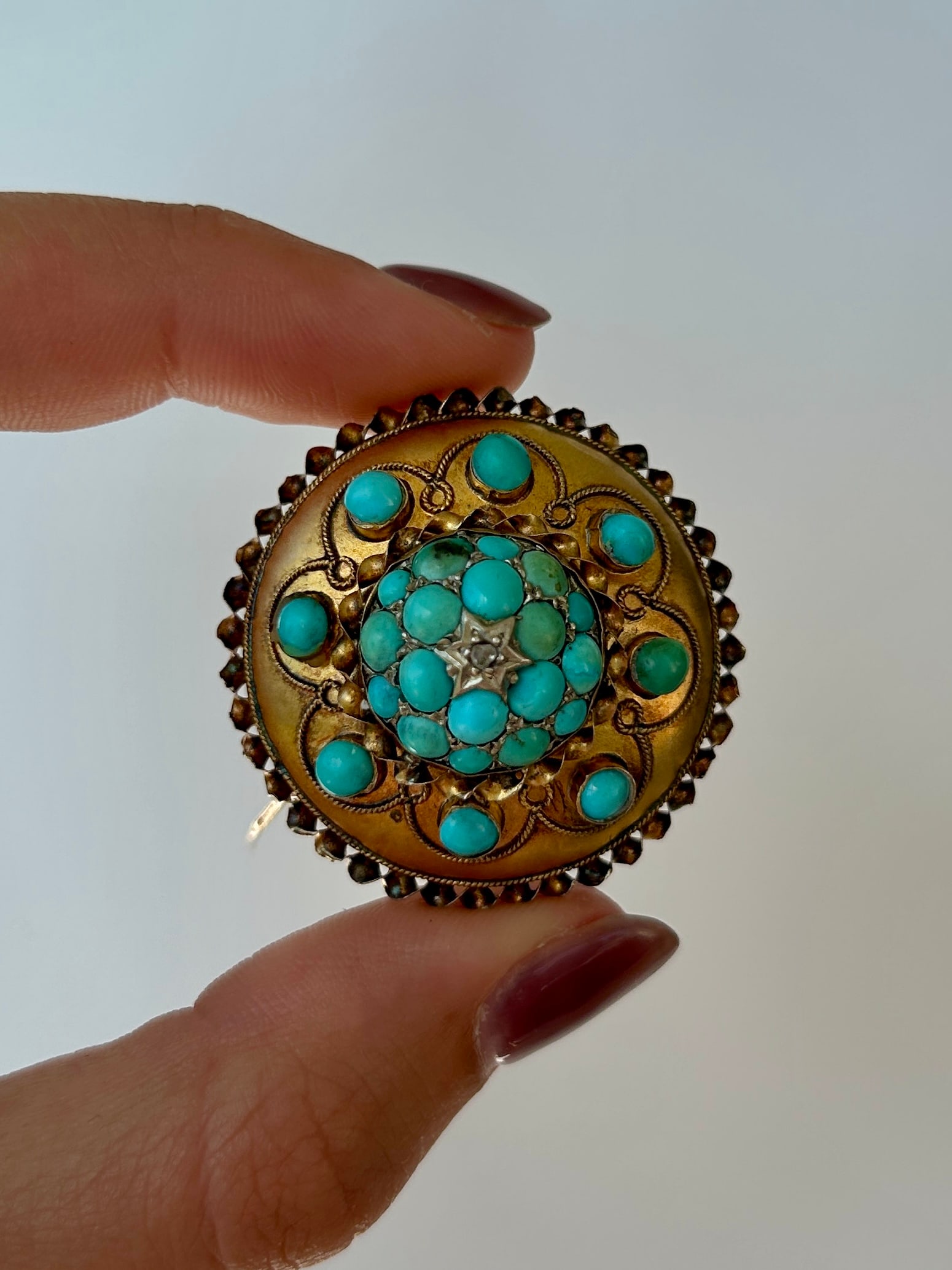 Antique 15ct Gold Turquoise and Diamond Brooch - 6