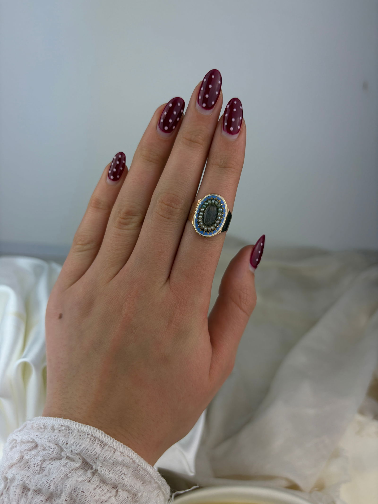 ANTIQUE GEORGIAN ERA C. 1786 BLUE ENAMEL AND PEARL LOCKET FRONT RING - 4