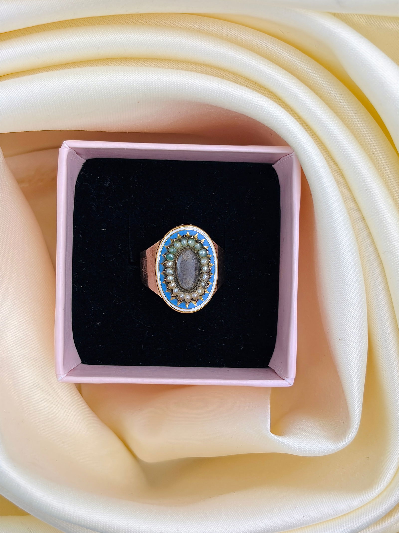 ANTIQUE GEORGIAN ERA C. 1786 BLUE ENAMEL AND PEARL LOCKET FRONT RING - 6