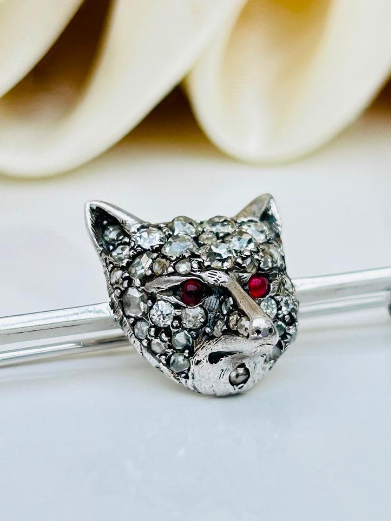 Antique Diamond Fox Head Bar Brooch in 9ct Gold in Antique Box - 3