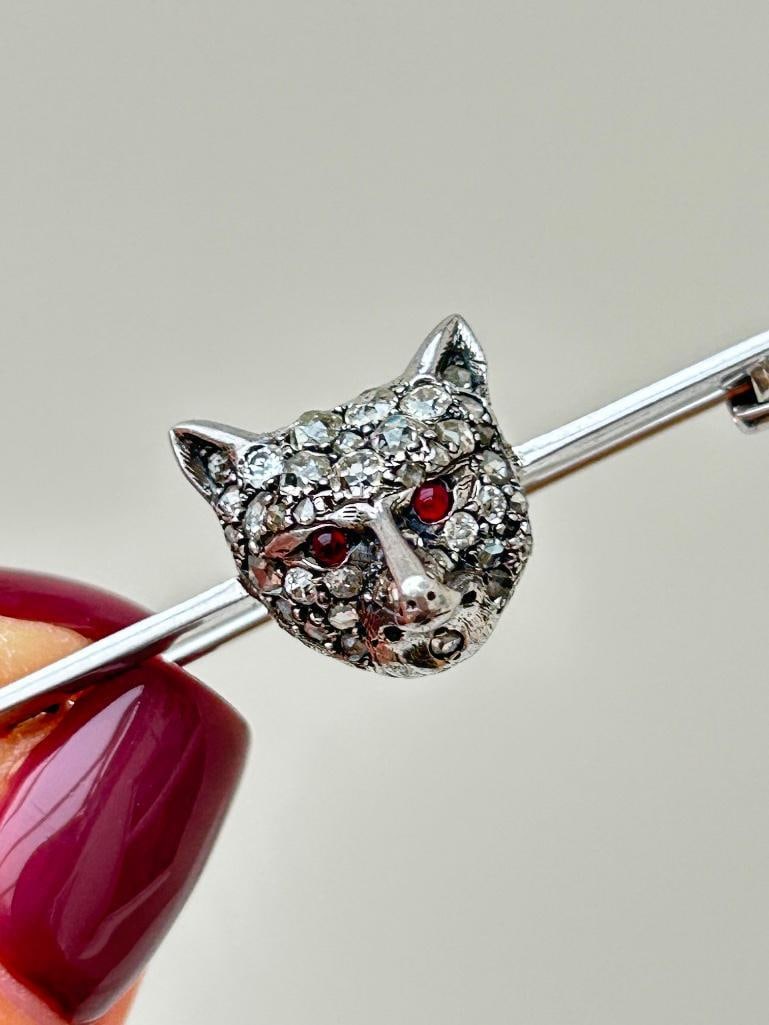 Antique Diamond Fox Head Bar Brooch in 9ct Gold in Antique Box - 9
