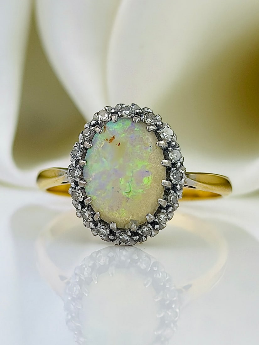 Antique 18ct Yellow Gold Opal and Diamond Halo Ring (1 of 11)