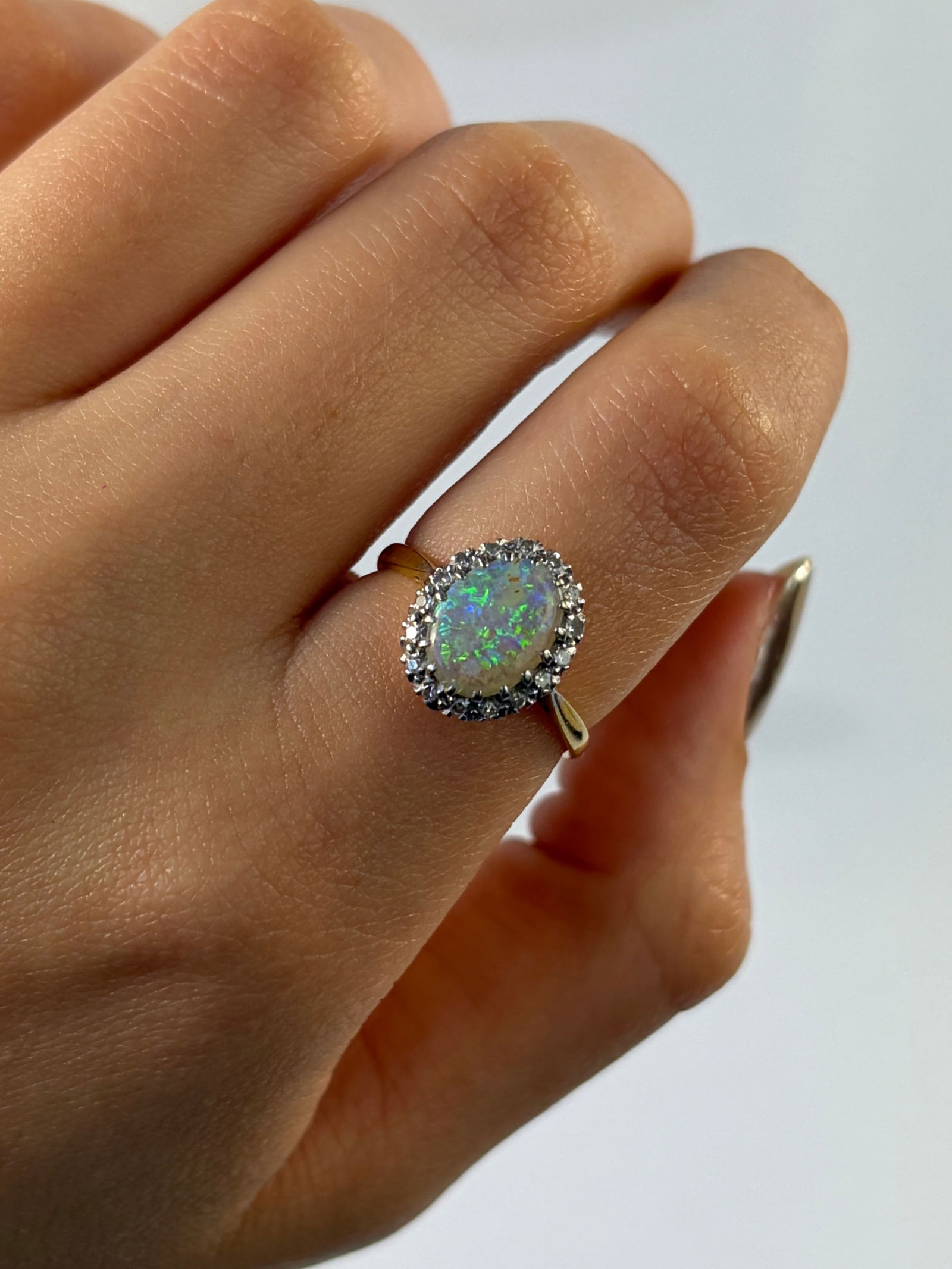 Antique 18ct Yellow Gold Opal and Diamond Halo Ring - 2