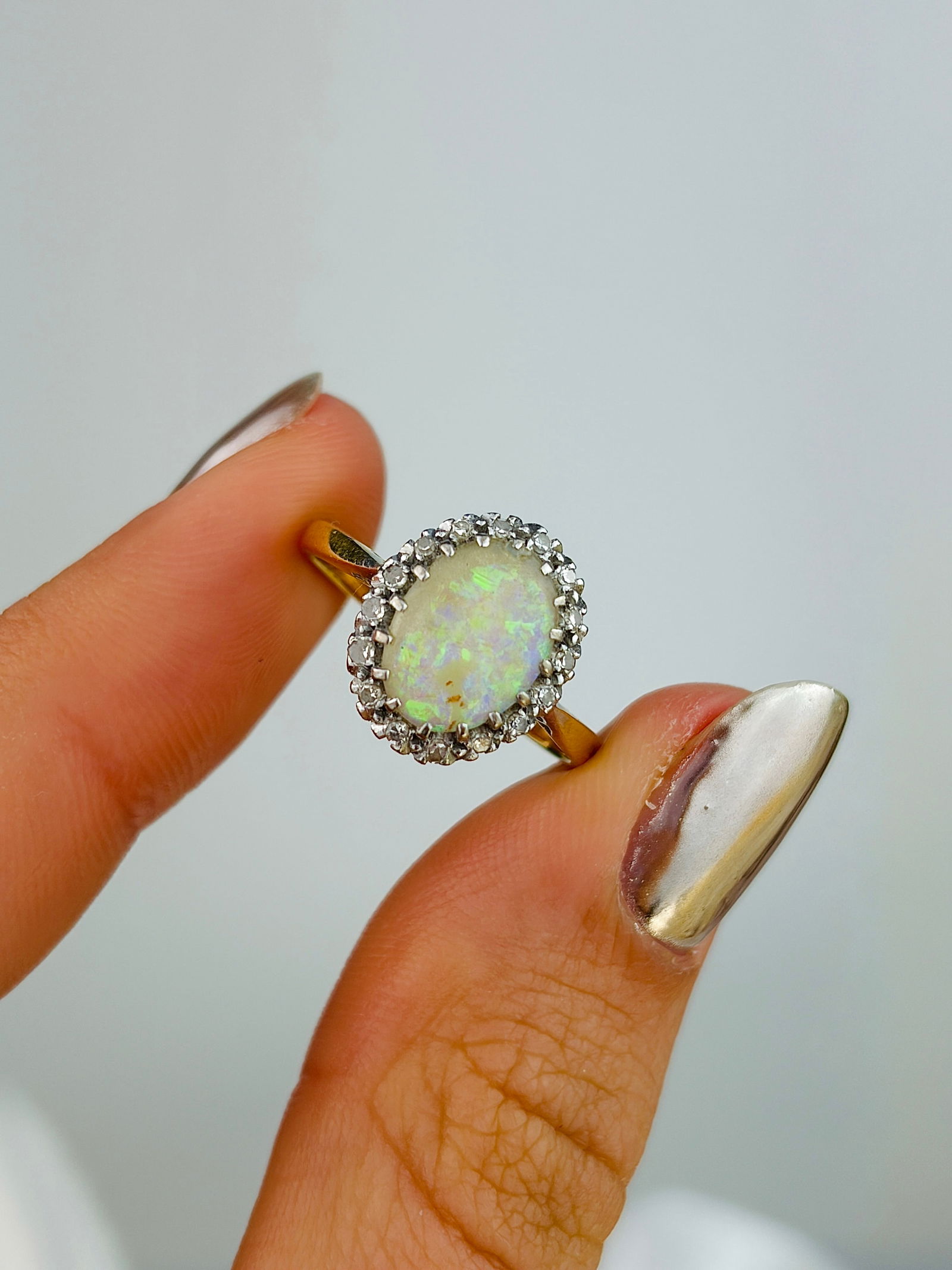 Antique 18ct Yellow Gold Opal and Diamond Halo Ring - 7