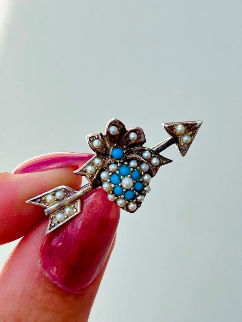 Antique Pearl and Turquoise Crowned Heart Jabot Pin Brooch in Gold: Antique Pearl and Turquoise Crowned Heart Jabot Pin Brooch in Gold Antique Pearl and Turquoise Crowned Heart Jabot Pin Brooch in Gold so charming measurements&nb
