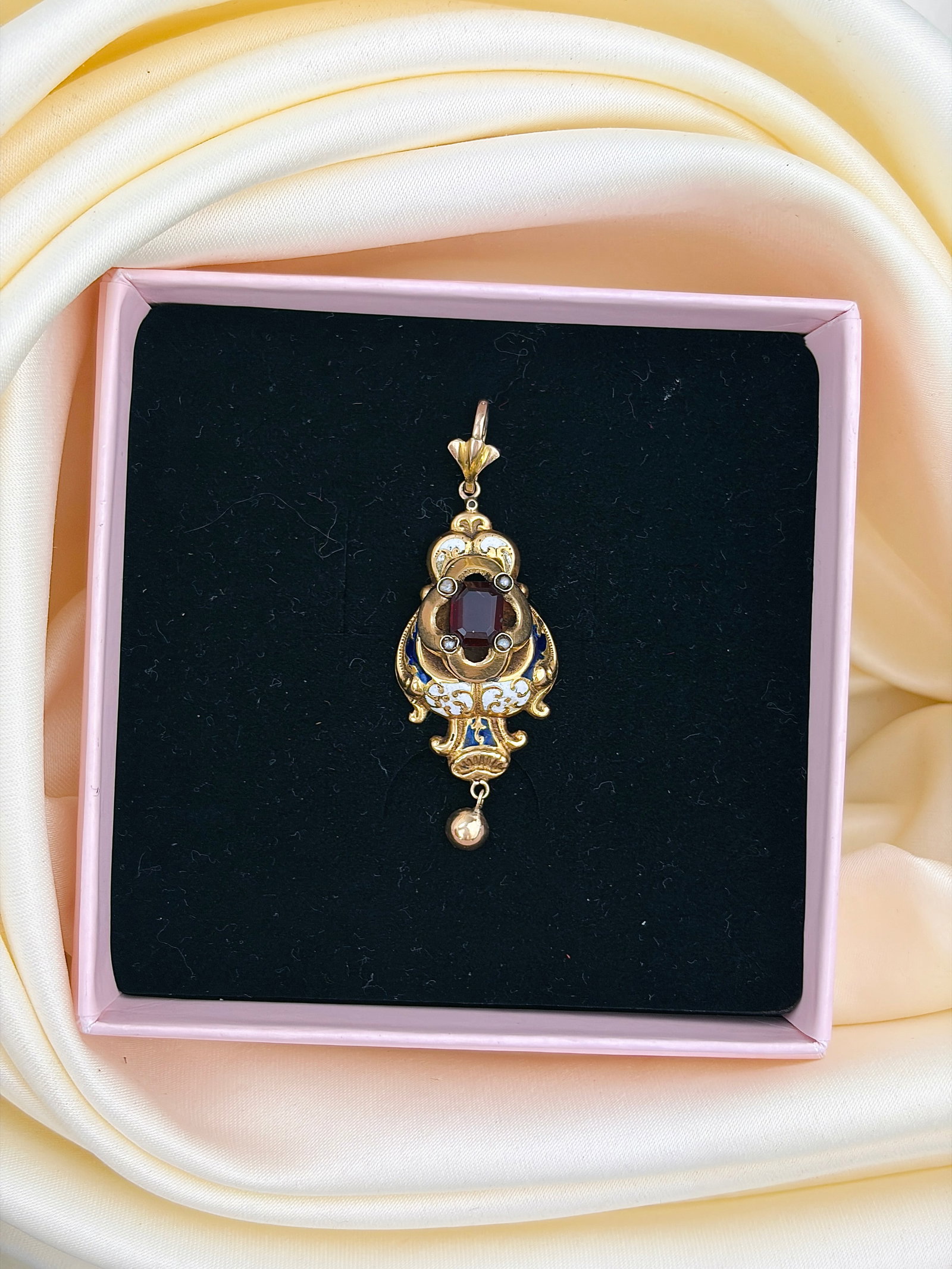 ANTIQUE 18CT YELLOW GOLD GARNET AND ENAMEL DROP PENDANT - 6