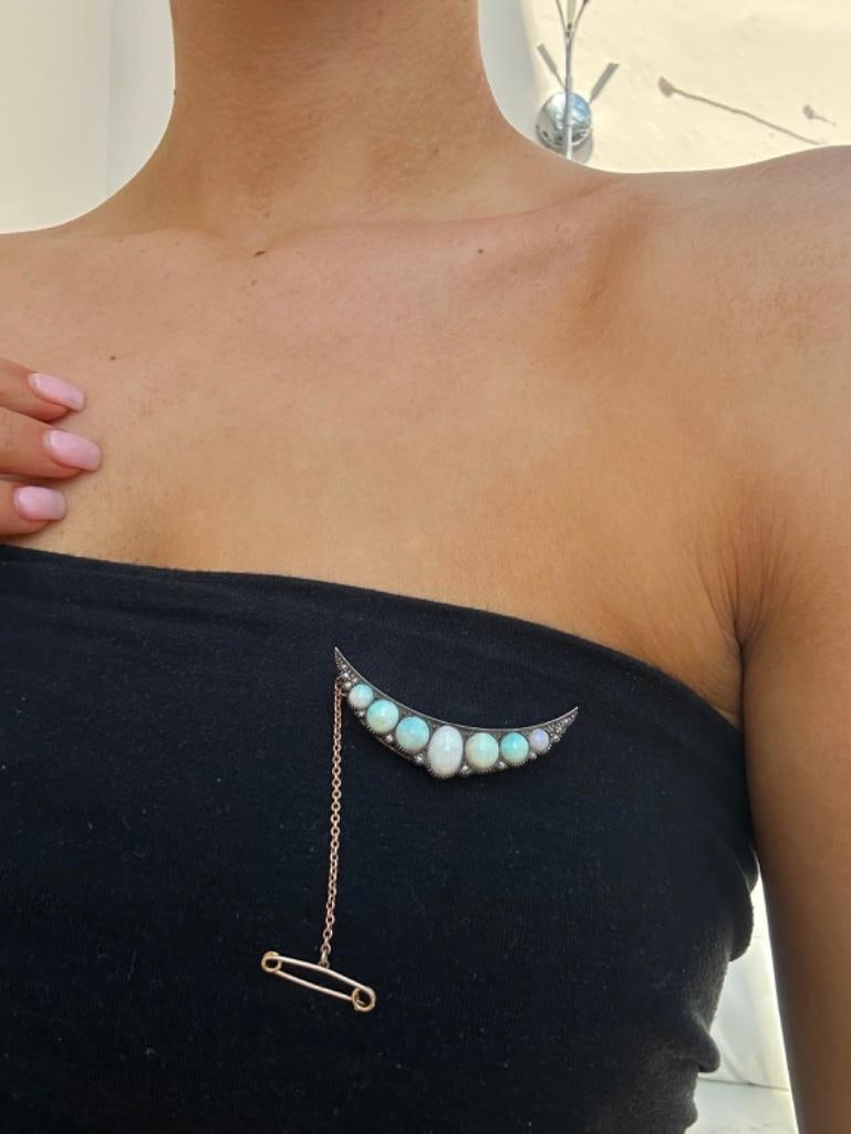 Antique Gold Opal Opal and Diamond Crescent Brooch - 2