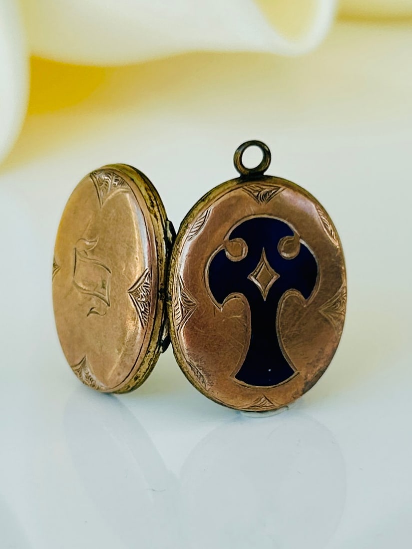 Antique Blue Enamel Cross Locket Pendant in Gold (1 of 7)