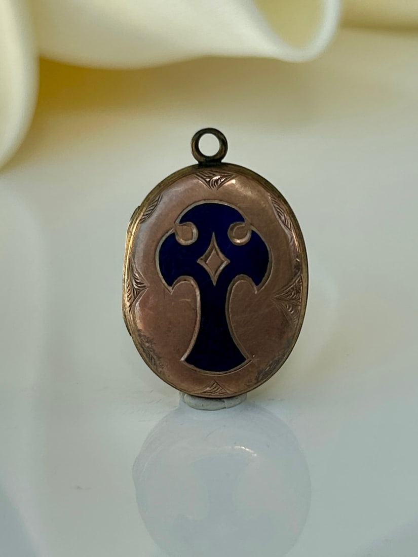 Antique Blue Enamel Cross Locket Pendant in Gold - 2