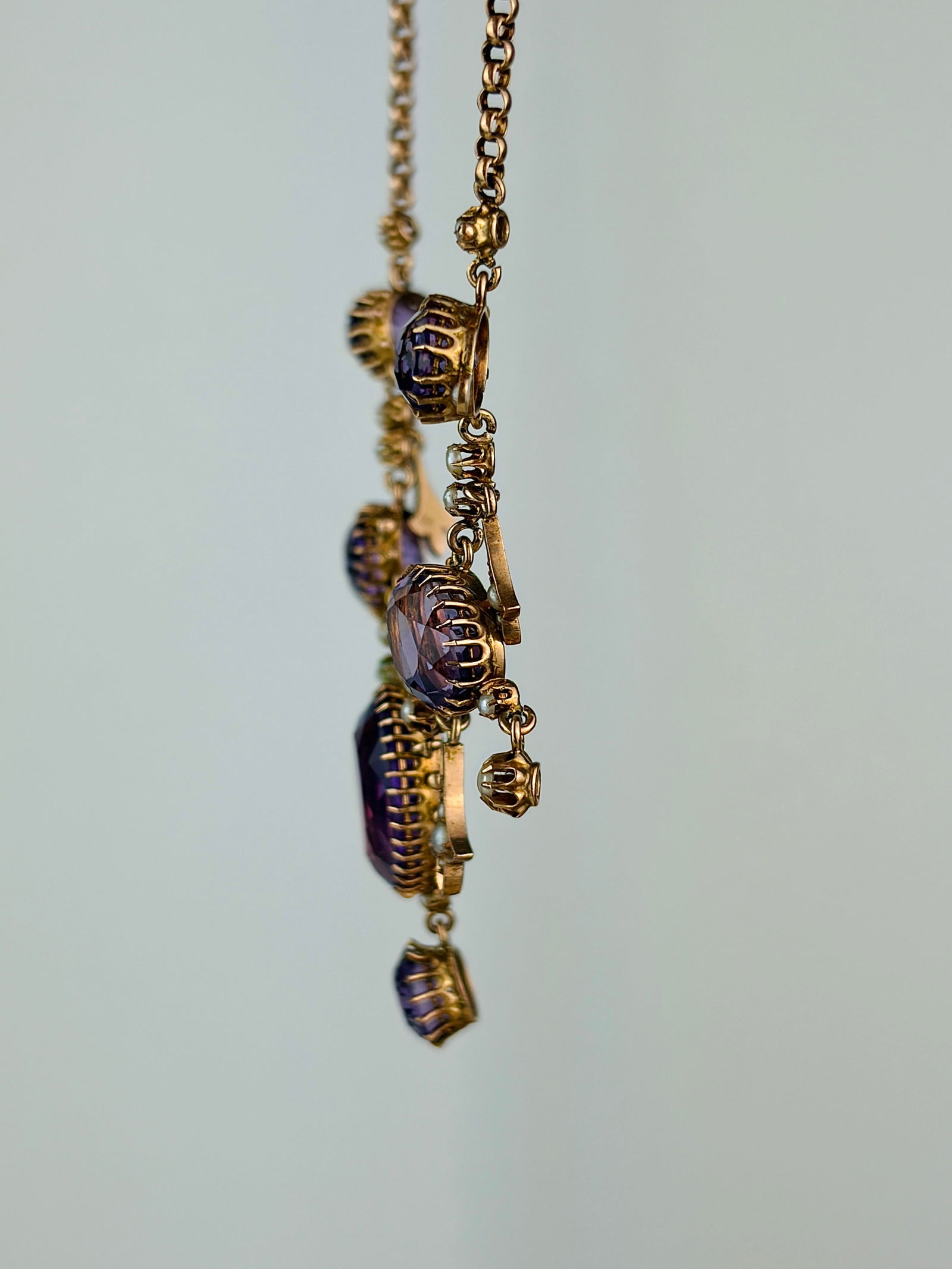 ANTIQUE 14CT YELLOW GOLD AMETHYST AND PEARL FRINGE NECKLACE - 2