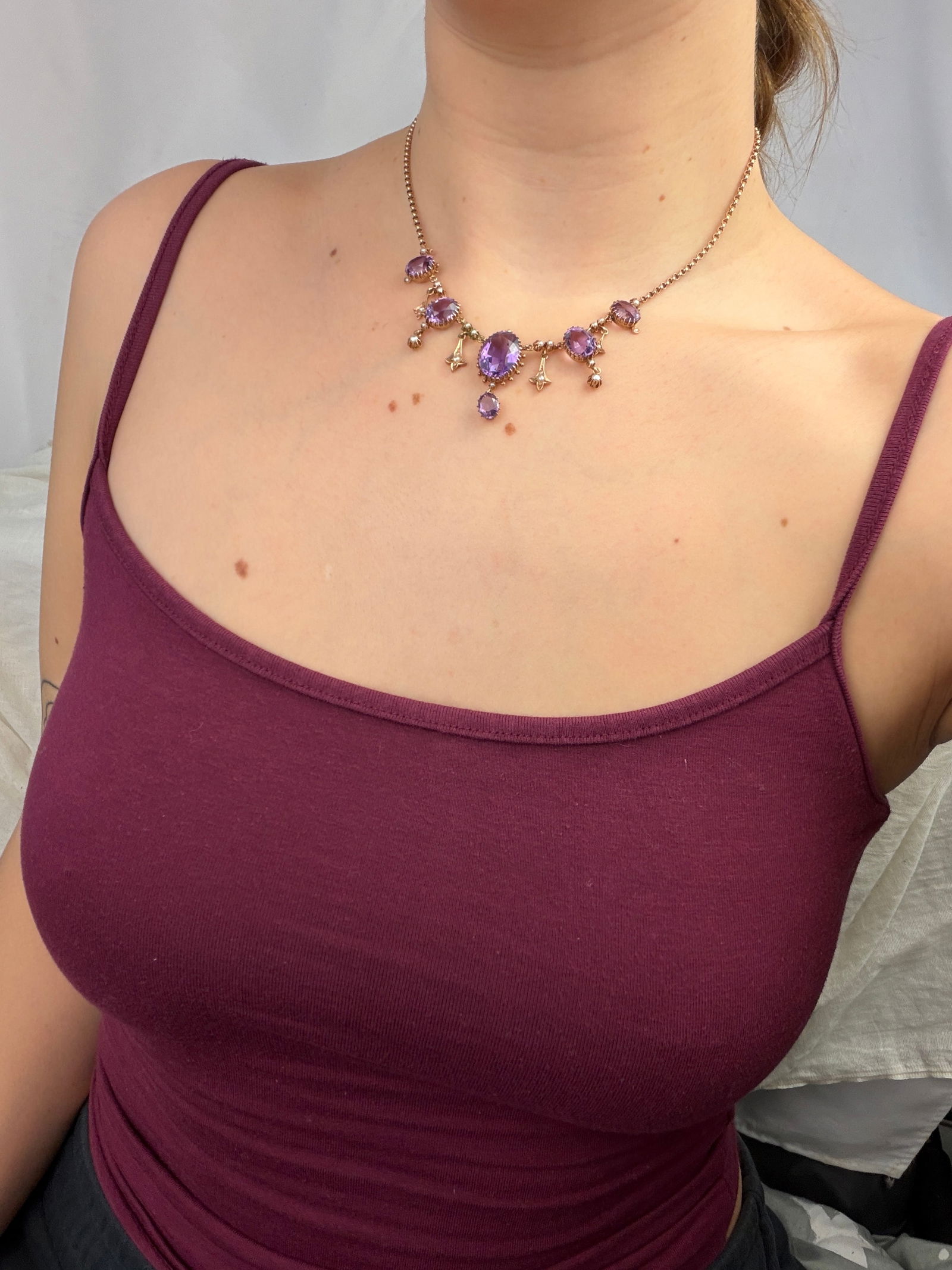 ANTIQUE 14CT YELLOW GOLD AMETHYST AND PEARL FRINGE NECKLACE - 7