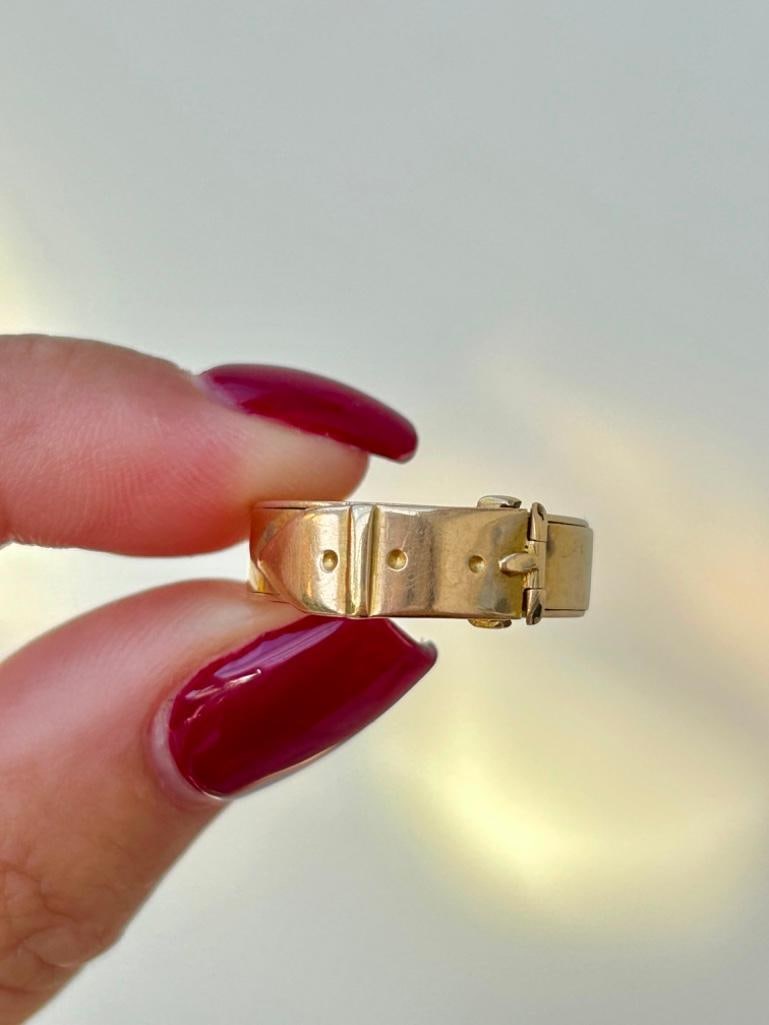 Heavy Antique 10ct Yellow Gold Opening Secret Compartment Buckle Band Ring - 2