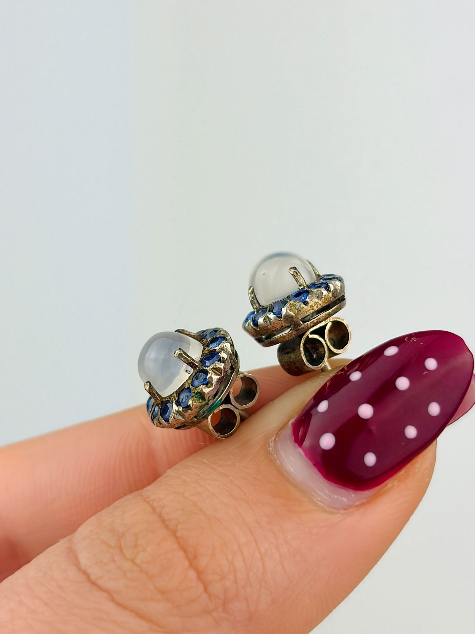 CABOCHON MOONSTONE AND SAPPHIRE STUD DESIGN EARRINGS - 2