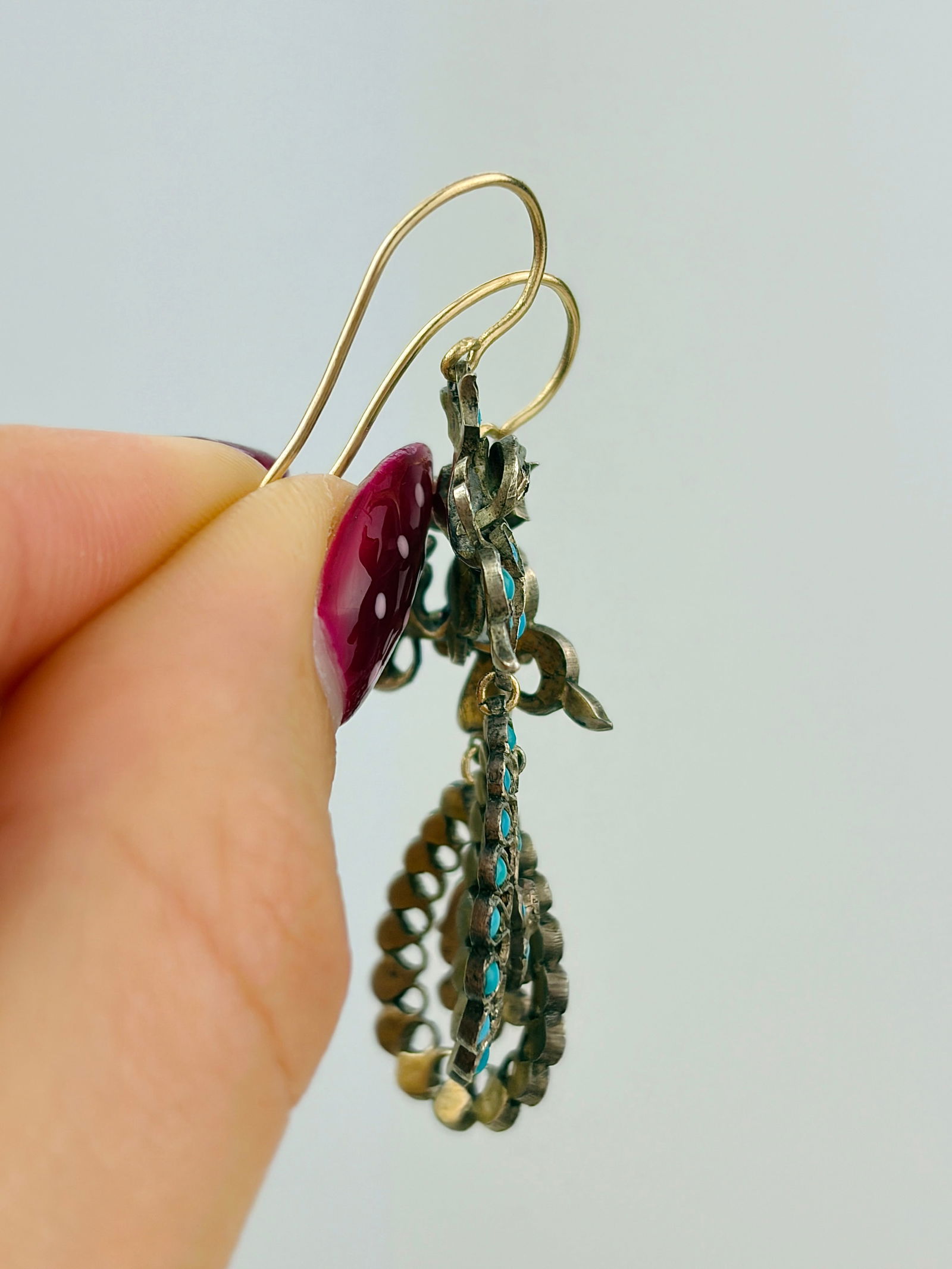 ANTIQUE TURQUOISE GOLD AND SILVER DROP EARRINGS - 2