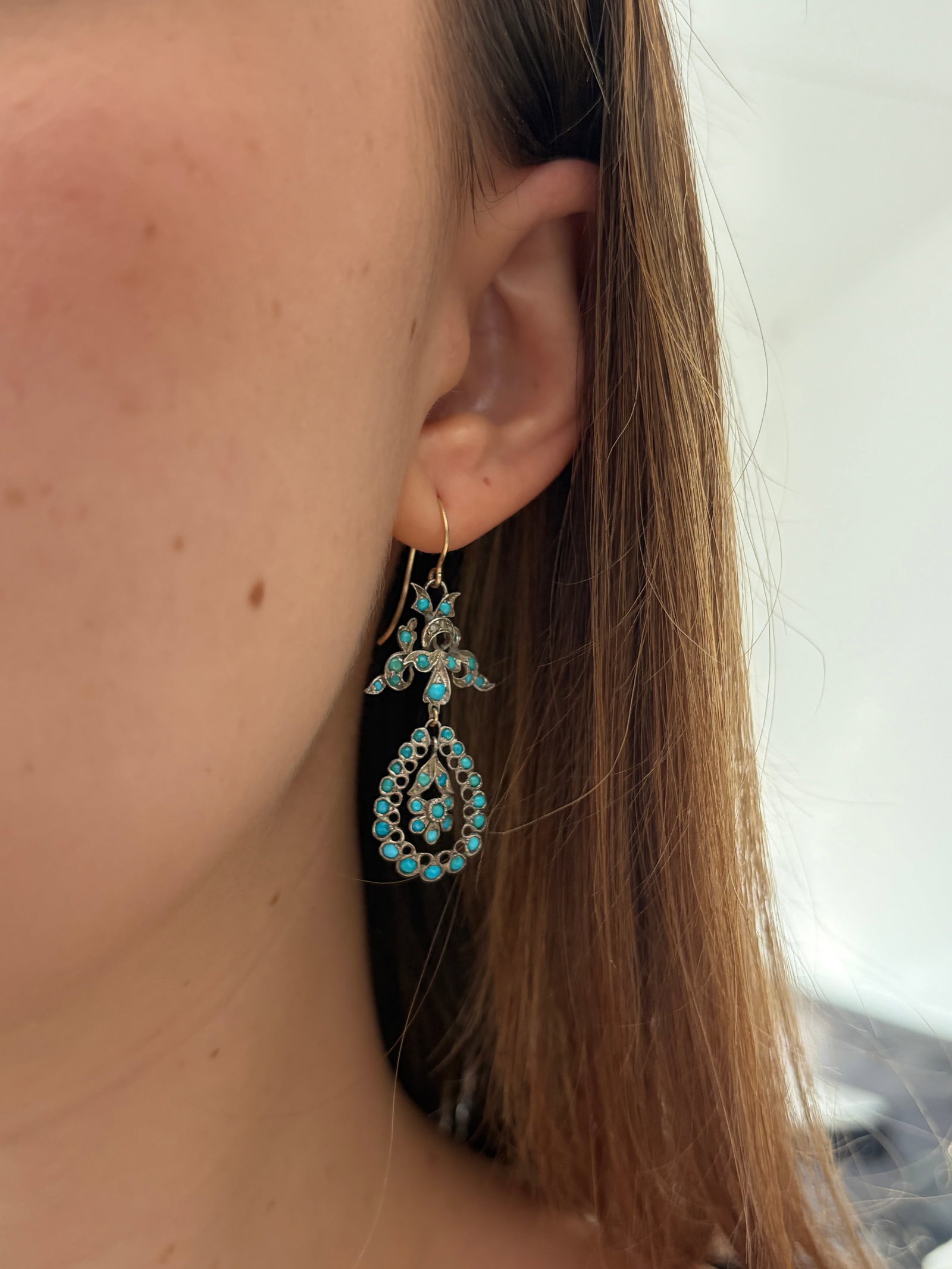 ANTIQUE TURQUOISE GOLD AND SILVER DROP EARRINGS - 4