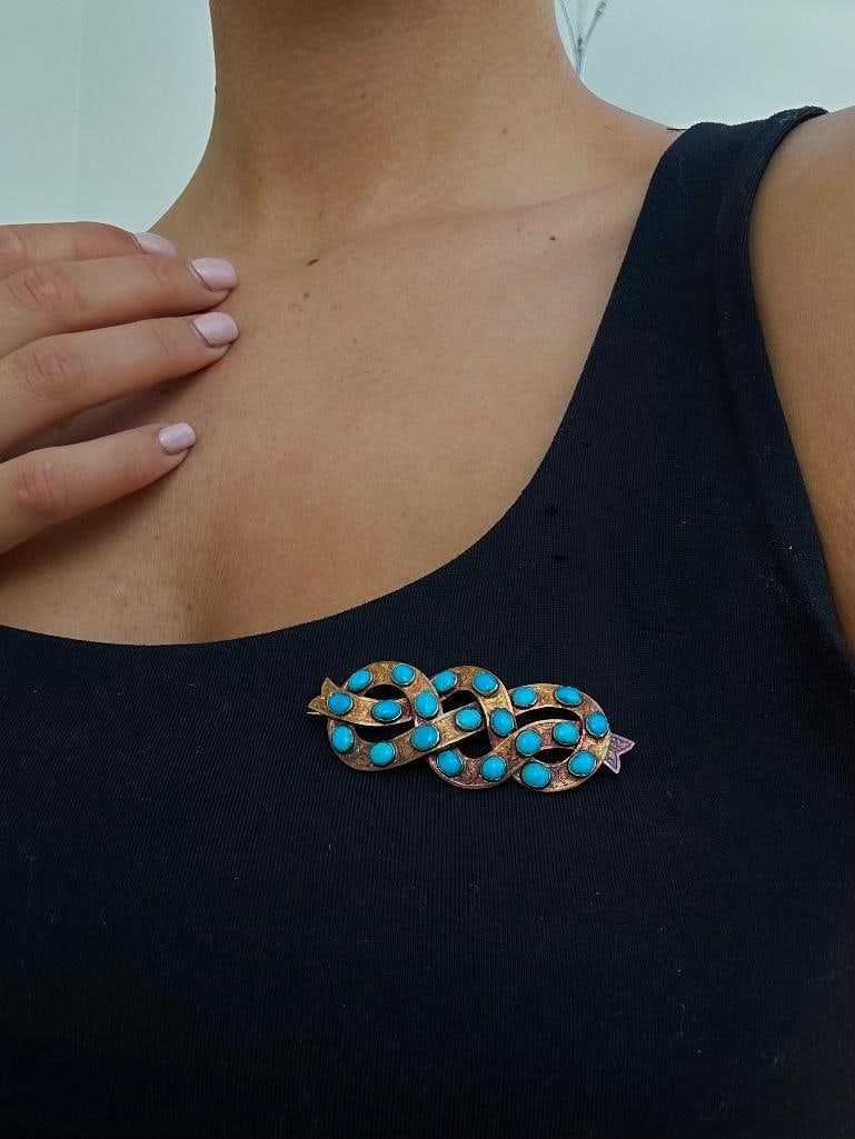 Large Antique Gold Lovers Knot Turquoise Brooch - 2
