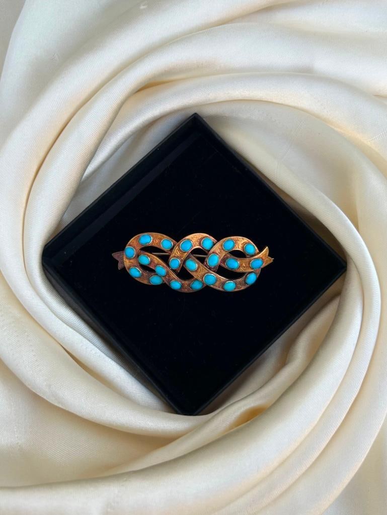Large Antique Gold Lovers Knot Turquoise Brooch - 3