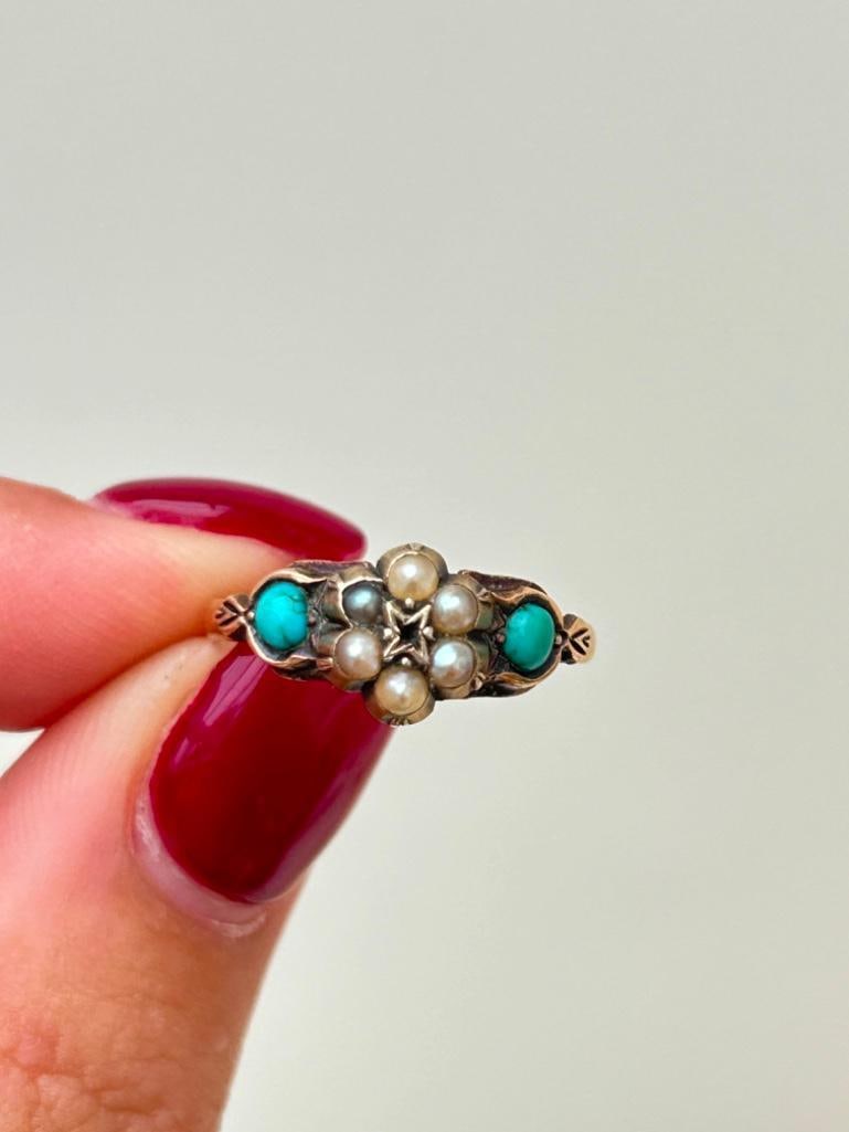 Antique 9ct Gold Turquoise and Pearl Flower Ring - 3