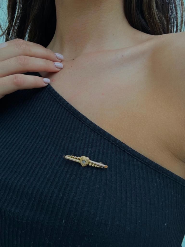 Antique 9ct Gold Diamond Heart Bar Brooch - 2