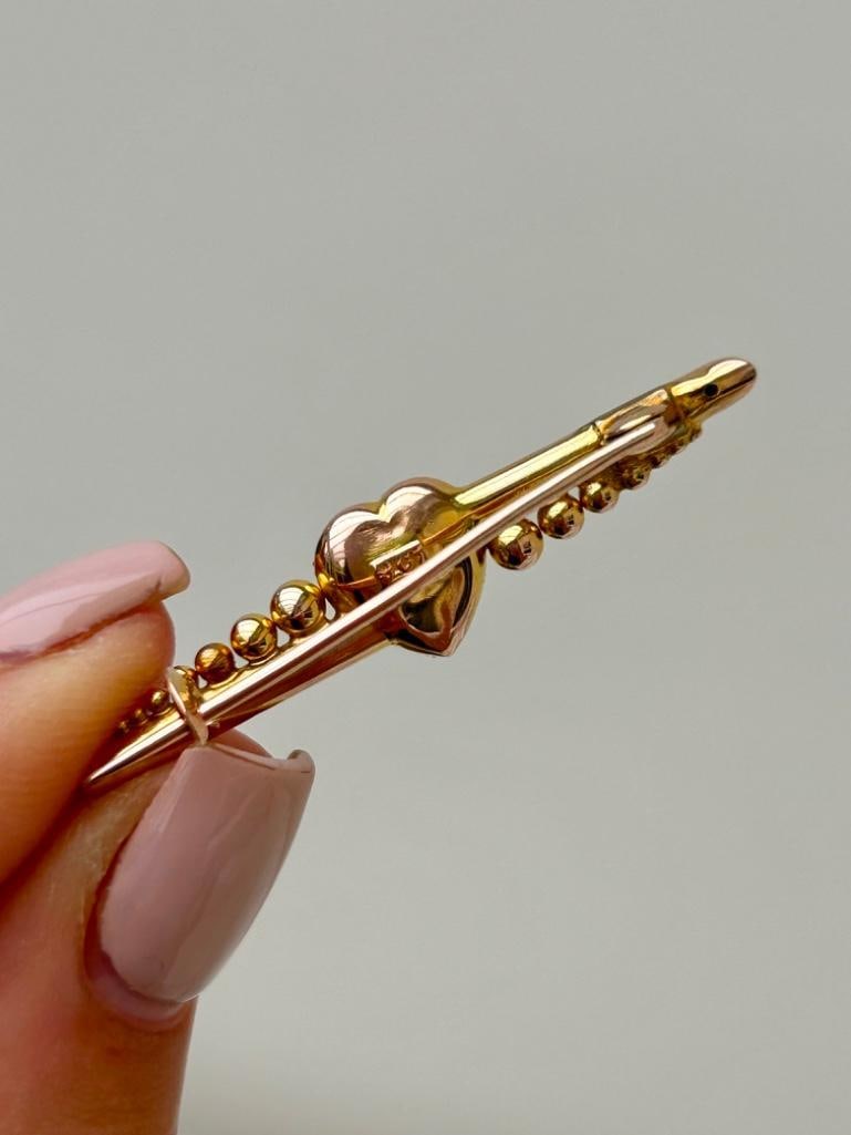 Antique 9ct Gold Diamond Heart Bar Brooch - 4