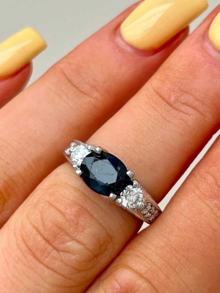 Outstanding 18ct White Gold Sapphire and Diamond, Diamond Encrusted Shank Ring - 7