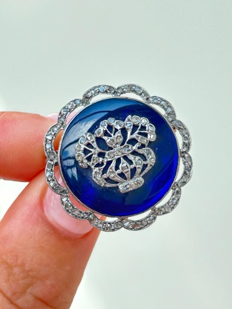 Antique Rose Cut Diamond and Bristol Blue Glass Floral Brooch - 7