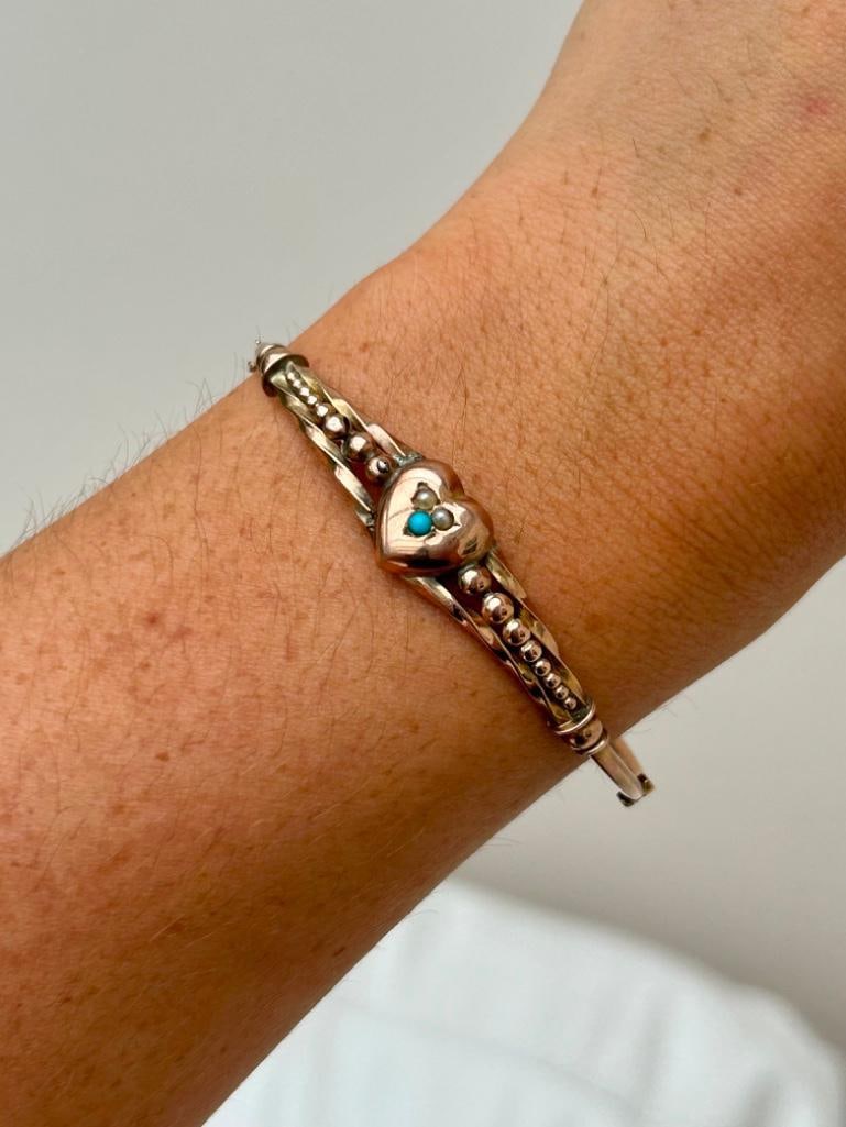 Antique Gold Turquoise and Pearl Heart Bangle Bracelet - 2