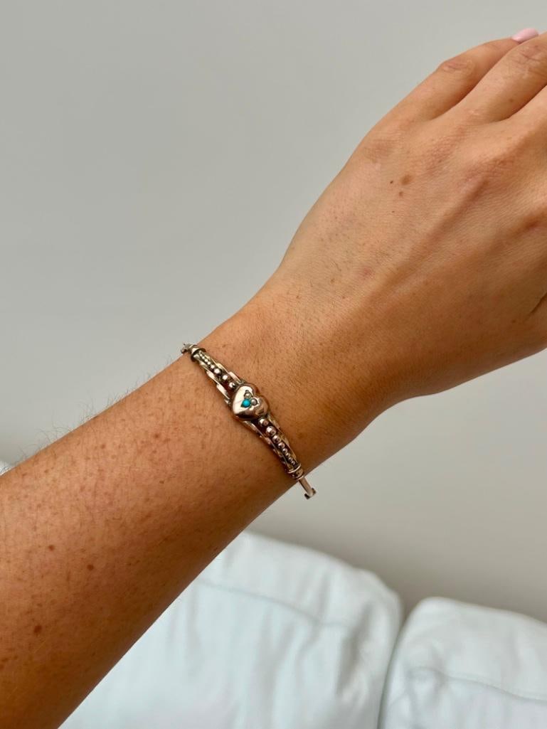 Antique Gold Turquoise and Pearl Heart Bangle Bracelet - 3
