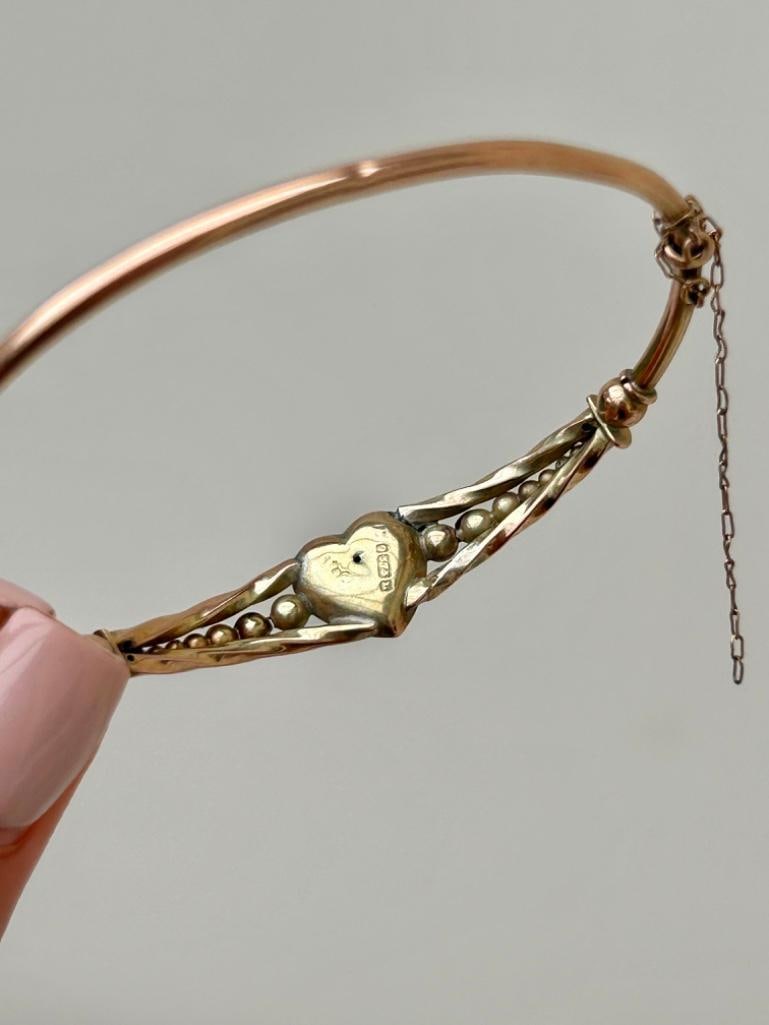 Antique Gold Turquoise and Pearl Heart Bangle Bracelet - 4