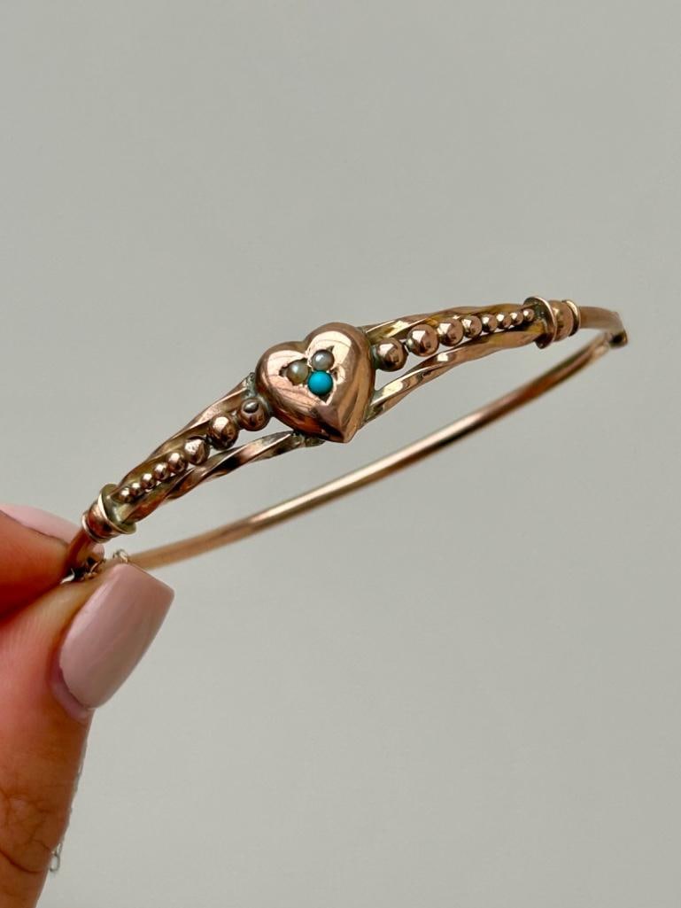 Antique Gold Turquoise and Pearl Heart Bangle Bracelet - 5