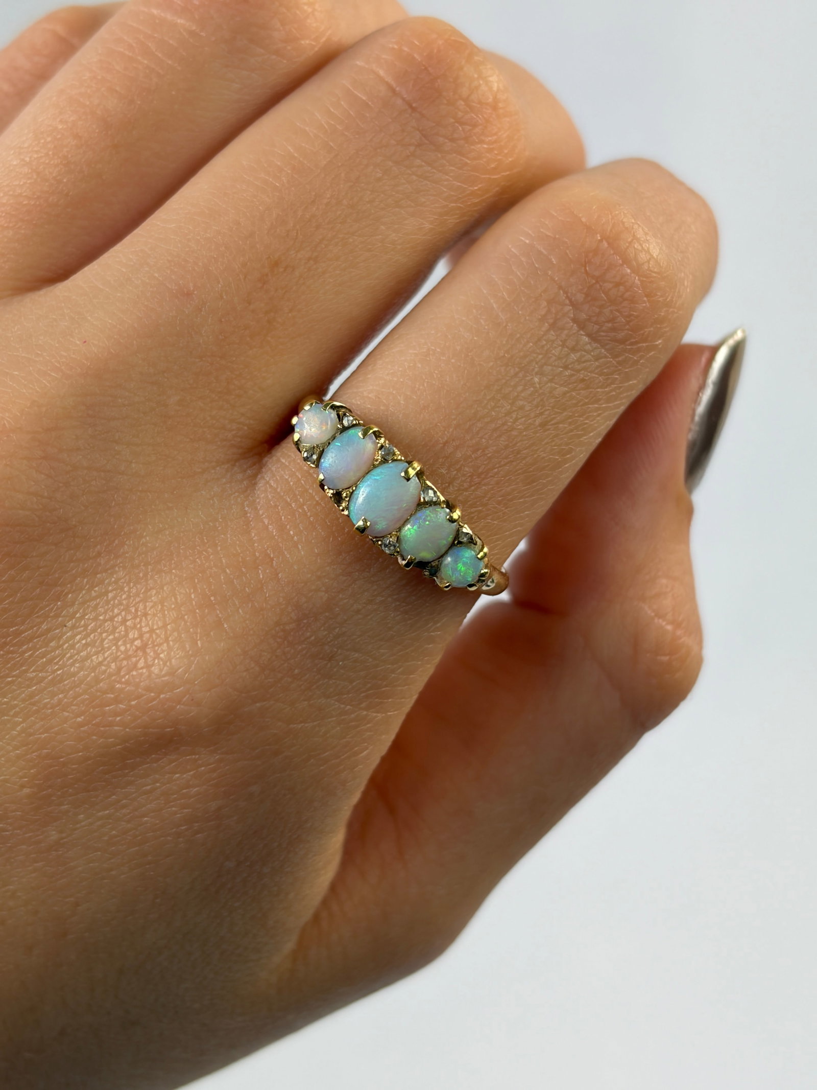 Antique 18ct Yellow Gold Opal 5 Stone Ring with Diamond Points - 10