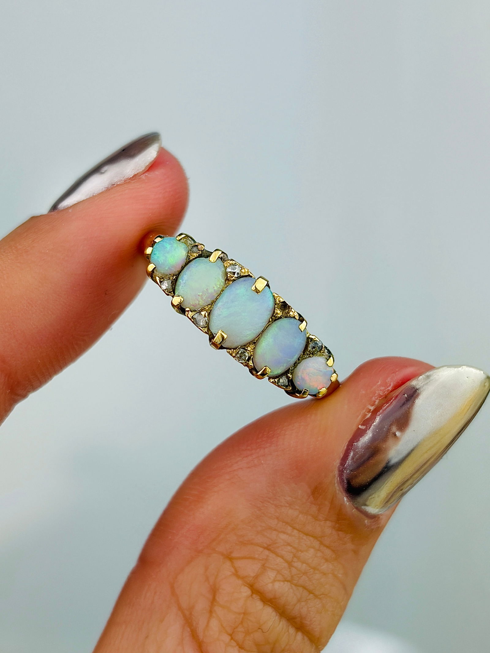 Antique 18ct Yellow Gold Opal 5 Stone Ring with Diamond Points - 5