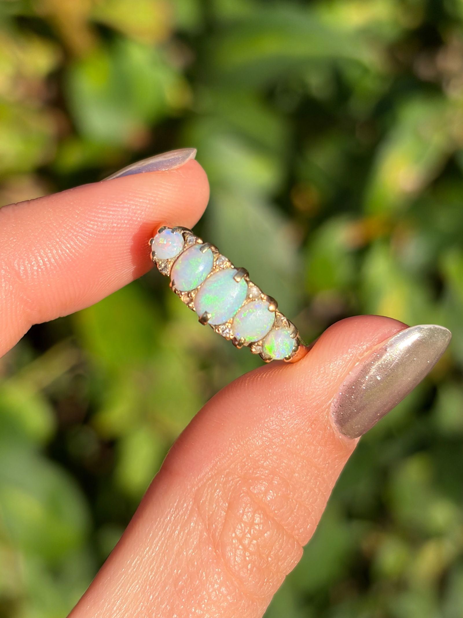 Antique 18ct Yellow Gold Opal 5 Stone Ring with Diamond Points - 8