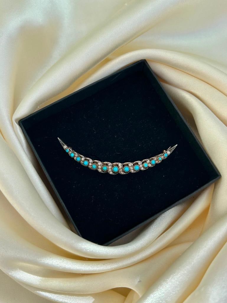 Antique Large Diamond & Turquoise Gold Crescent Moon Brooch - 3