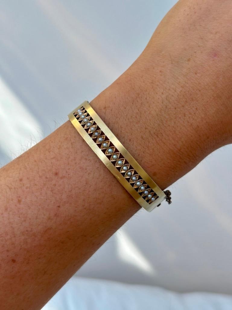Antique 15ct Gold Pearl Wide Bangle Bracelet - 2