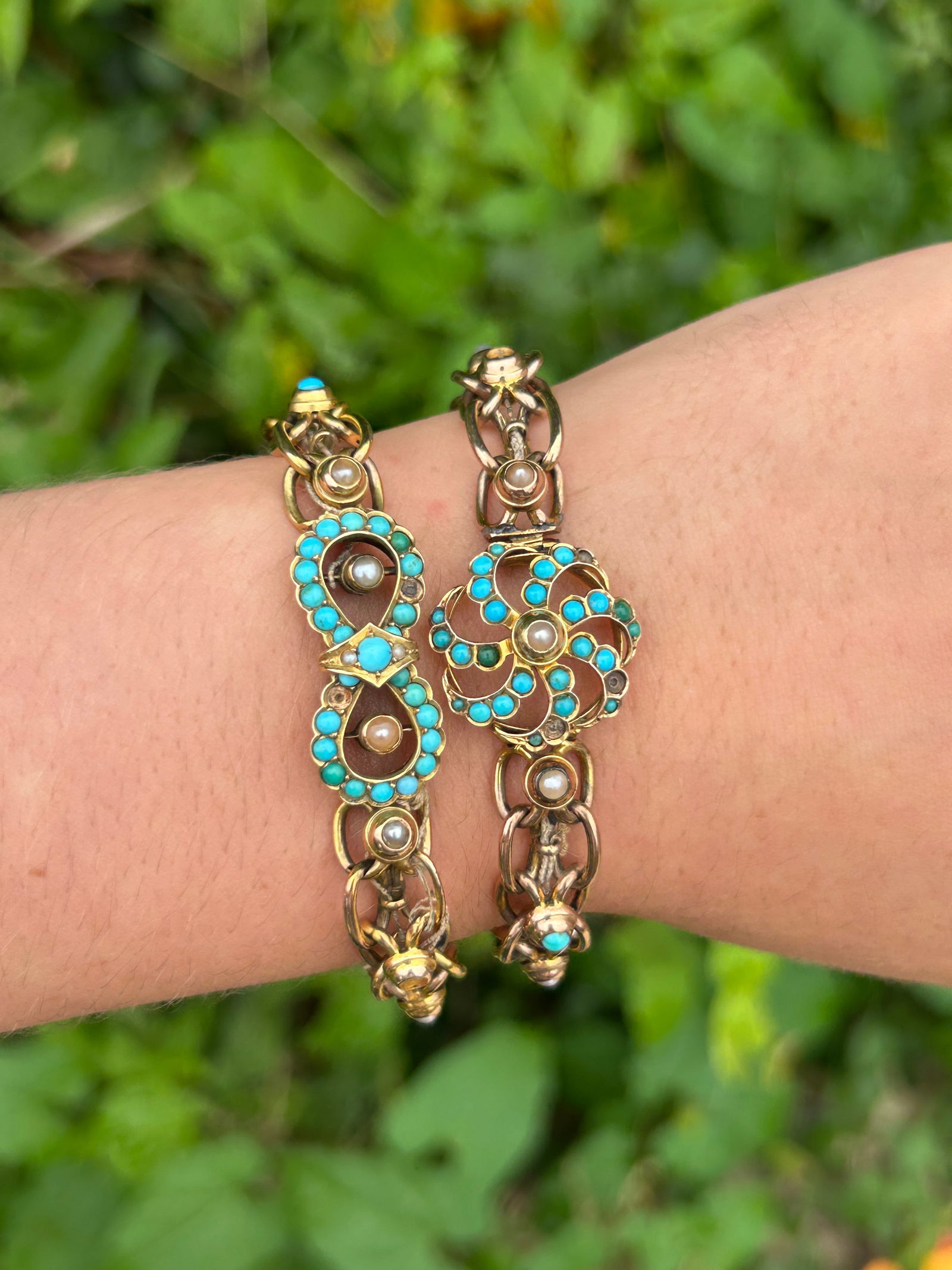 Pair of Antique 9ct gold turquoise and pearl fancy link bracelets AF - 2