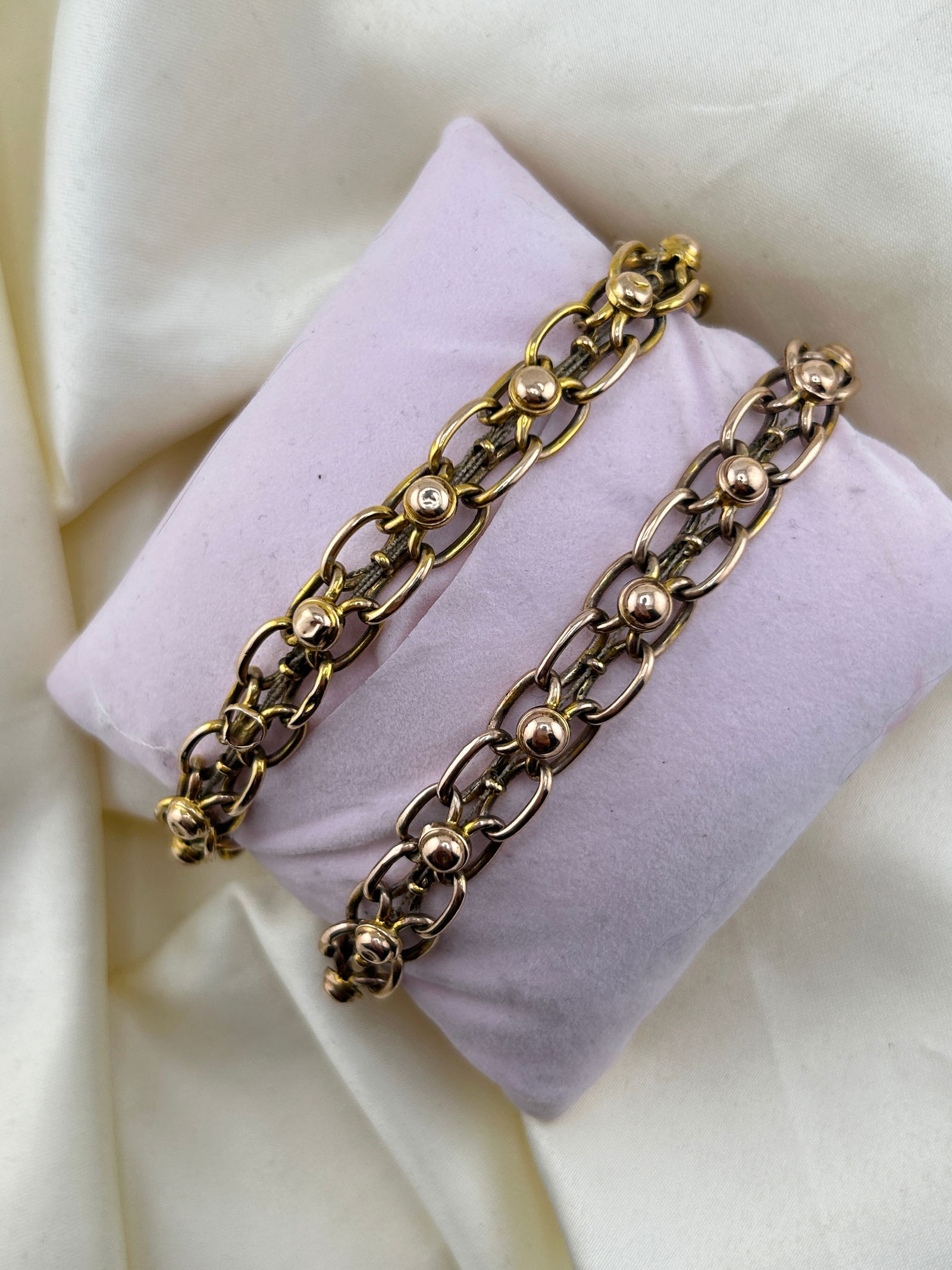 Pair of Antique 9ct gold turquoise and pearl fancy link bracelets AF - 3