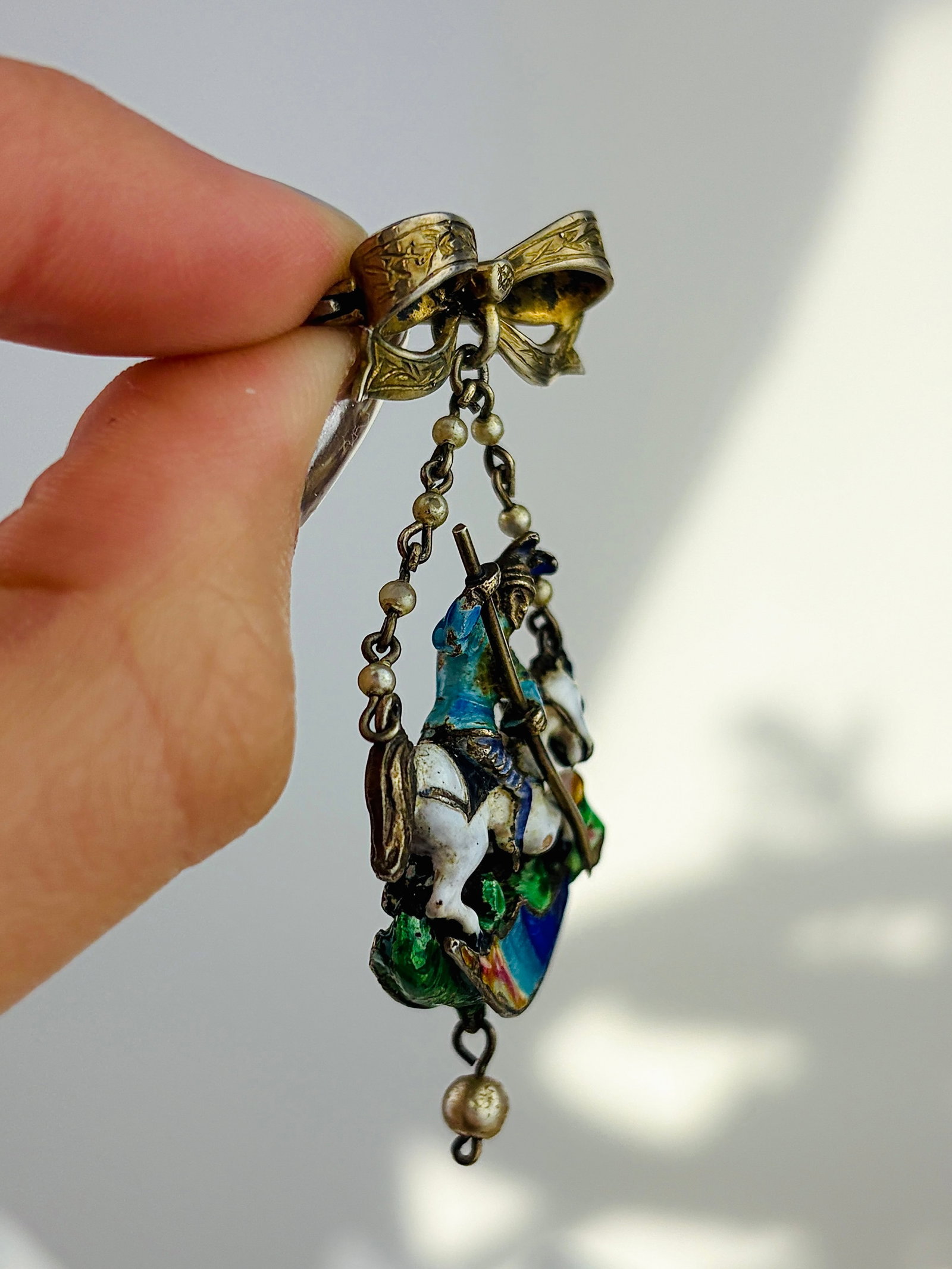 Antique Austro Hungarian Enamel and Pearl Bow Brooch St George Slaying the Dragon - 2