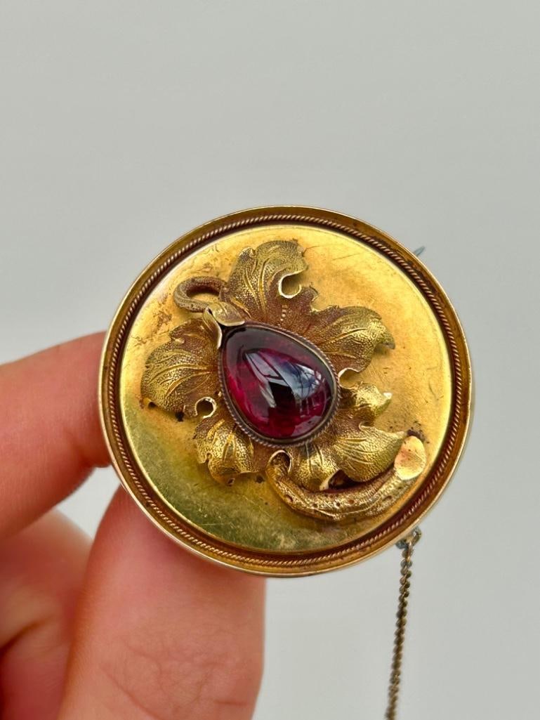 Antique Cabochon Garnet and Gold Pretty Round Brooch with Locket Back (1 of 5)