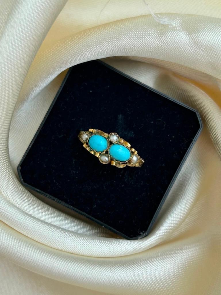 Sweet Gold Turquoise and Pearl Unusual Ring - 3