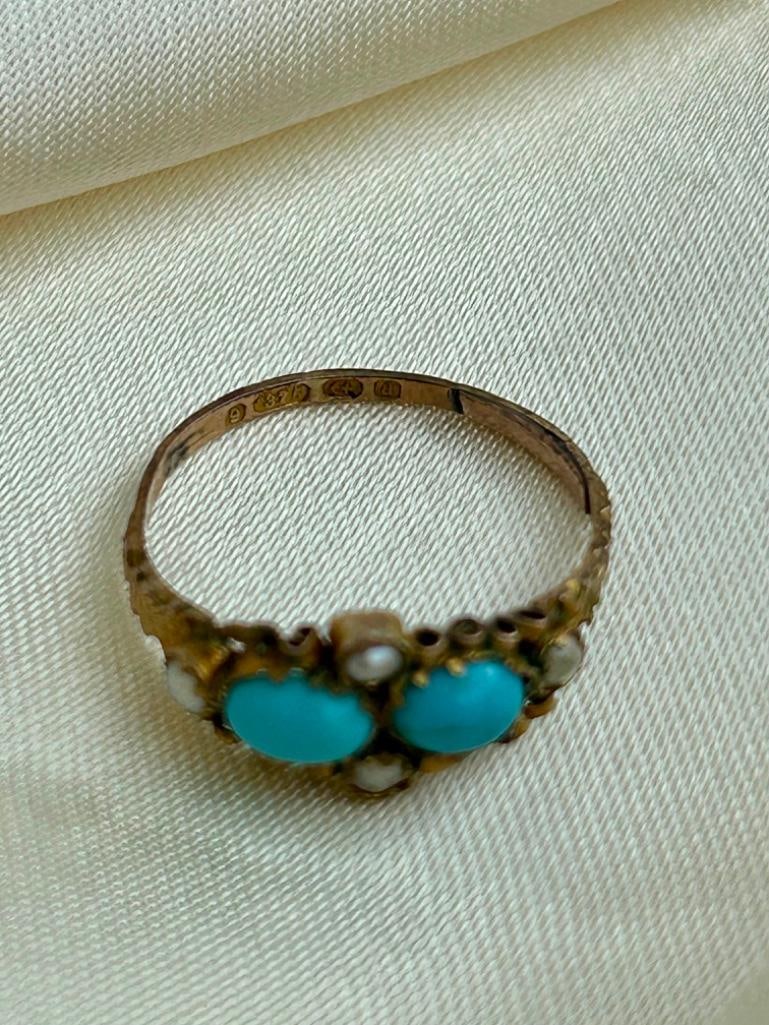 Sweet Gold Turquoise and Pearl Unusual Ring - 5