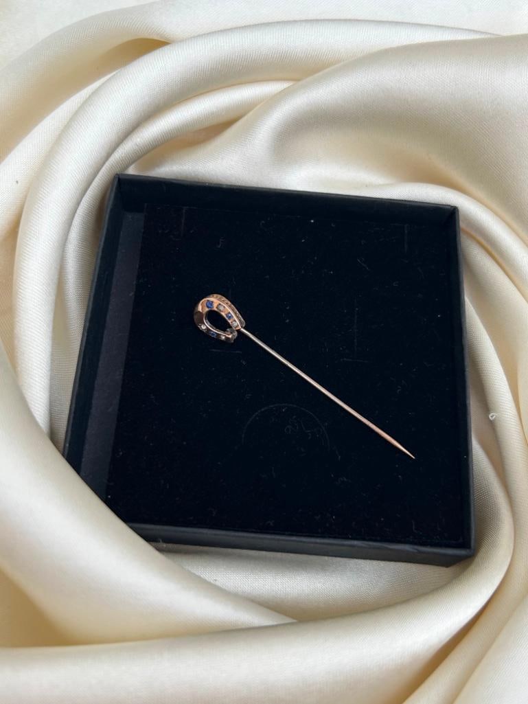 Antique Gold Sapphire and Diamond Horseshoe Stick Pin Brooch - 2