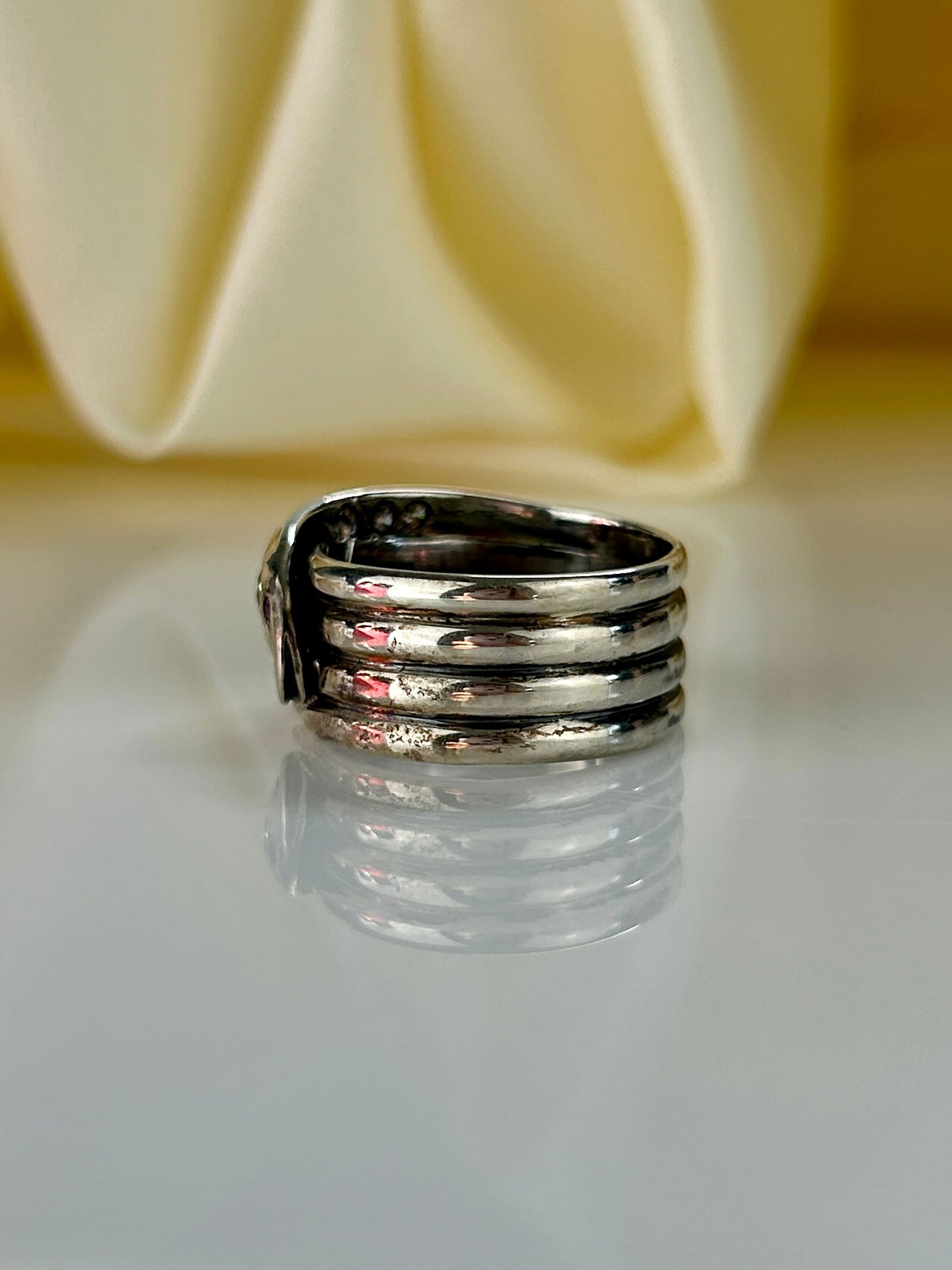 White gold Quadruple Wrapped Snake Ring with Diamonds and Ruby Eyes - 2