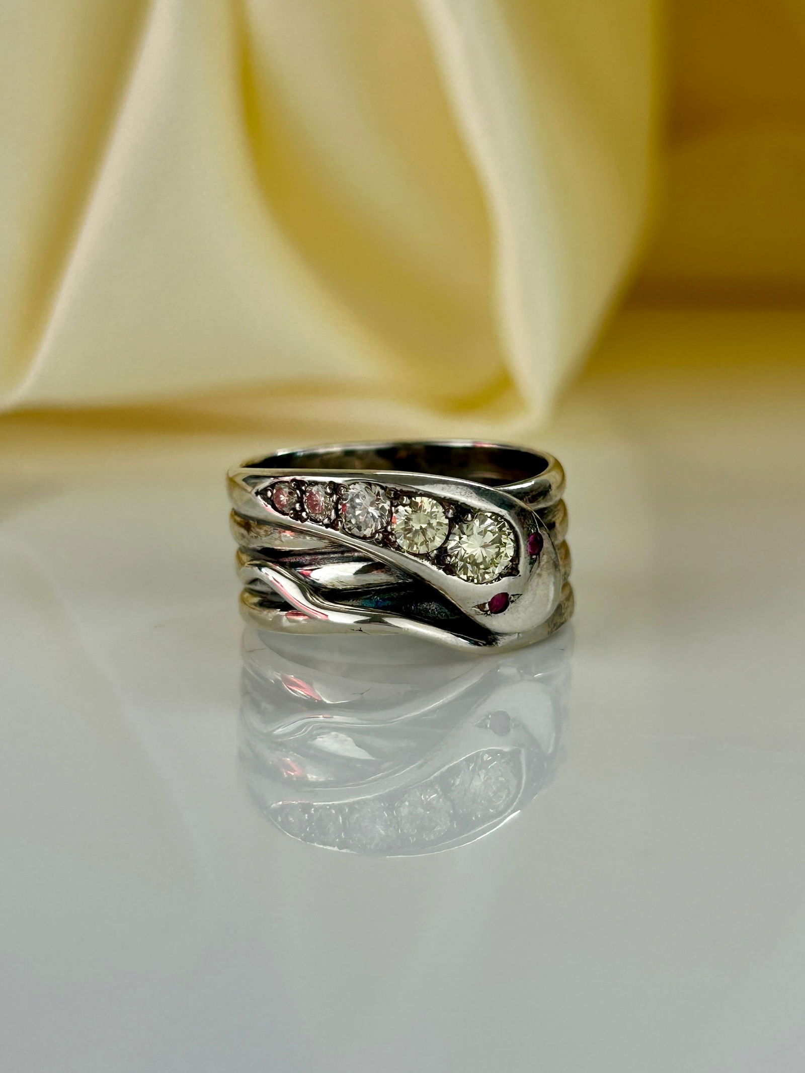 White gold Quadruple Wrapped Snake Ring with Diamonds and Ruby Eyes - 5