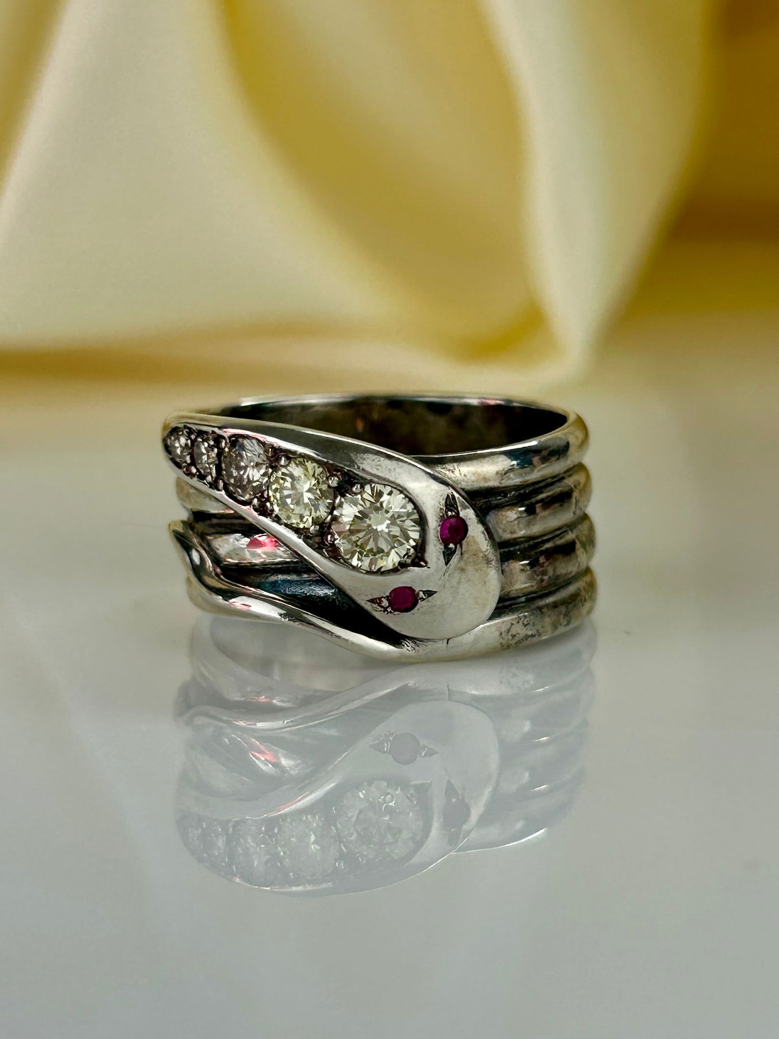 White gold Quadruple Wrapped Snake Ring with Diamonds and Ruby Eyes - 6